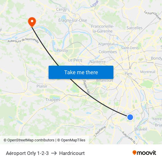 Aéroport Orly 1-2-3 to Hardricourt map