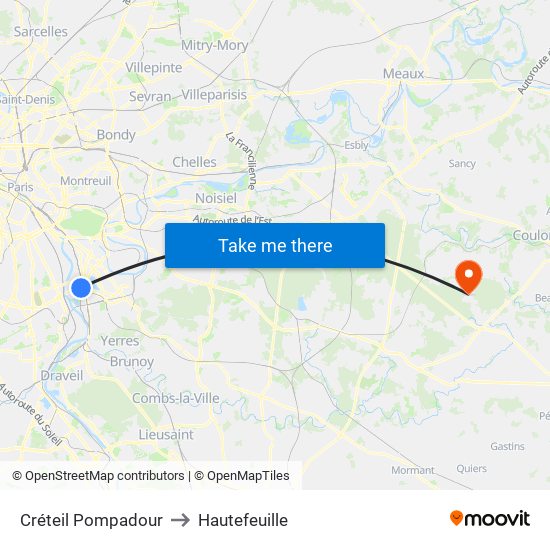 Créteil Pompadour to Hautefeuille map