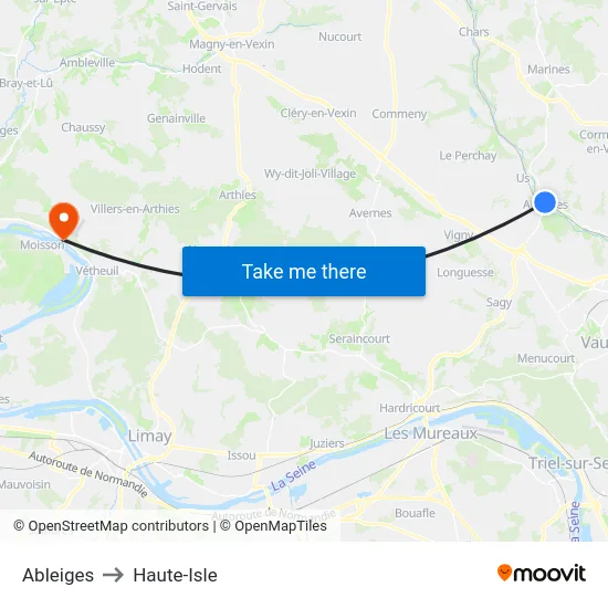 Ableiges to Haute-Isle map