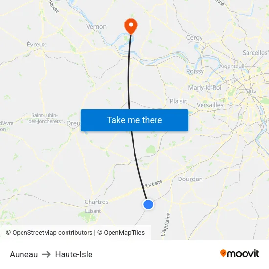 Auneau to Haute-Isle map