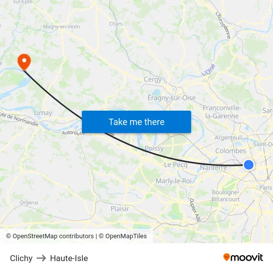 Clichy to Haute-Isle map
