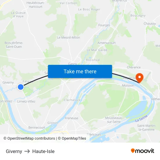 Giverny to Haute-Isle map