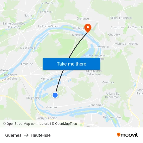 Guernes to Haute-Isle map