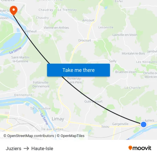 Juziers to Haute-Isle map