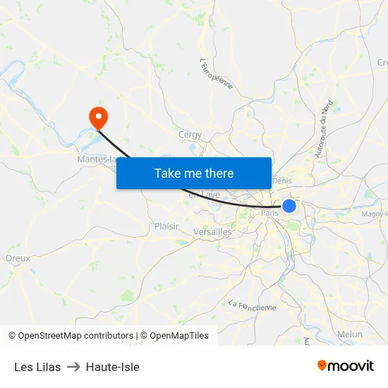 Les Lilas to Haute-Isle map