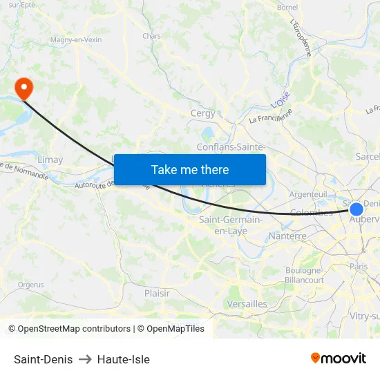 Saint-Denis to Haute-Isle map