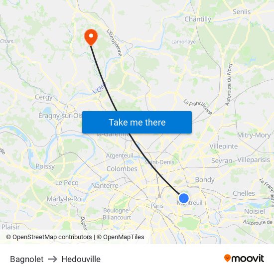 Bagnolet to Hedouville map