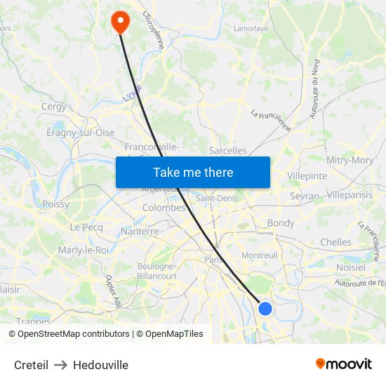 Creteil to Hedouville map