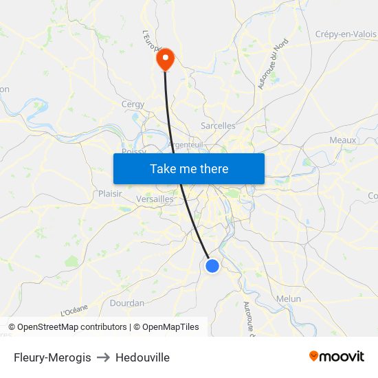 Fleury-Merogis to Hedouville map