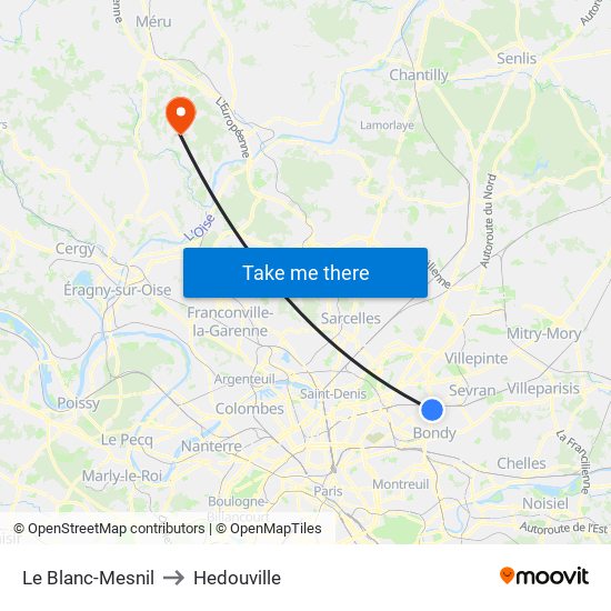 Le Blanc-Mesnil to Hedouville map