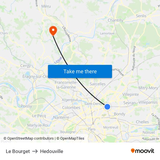 Le Bourget to Hedouville map