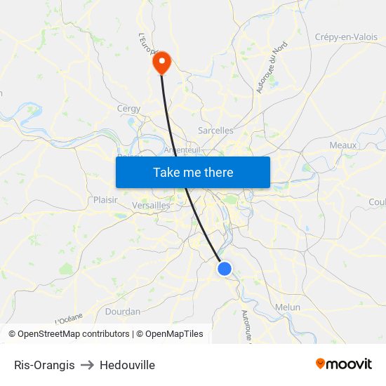 Ris-Orangis to Hedouville map