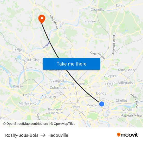 Rosny-Sous-Bois to Hedouville map