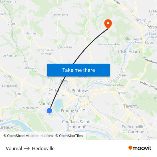 Vaureal to Hedouville map