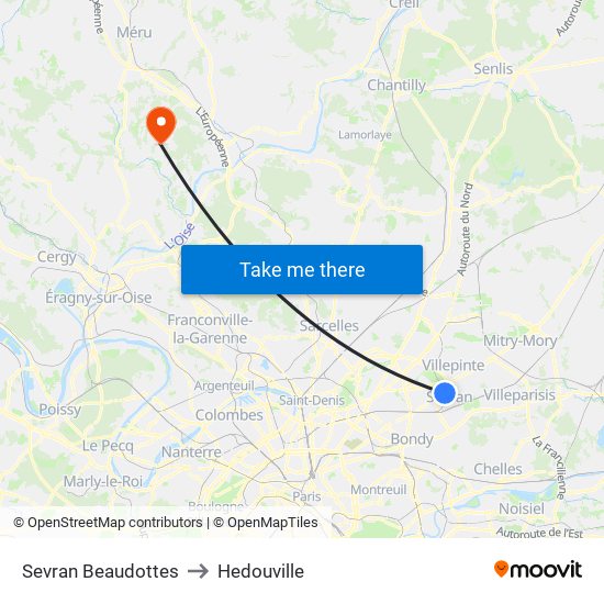 Sevran Beaudottes to Hedouville map