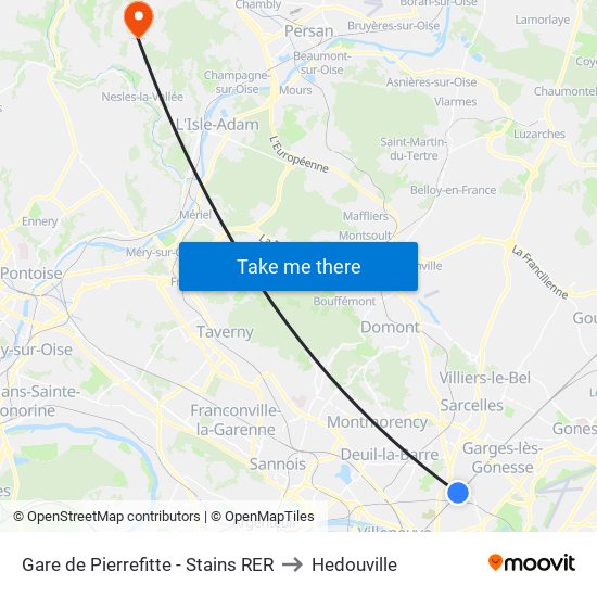 Gare de Pierrefitte - Stains RER to Hedouville map