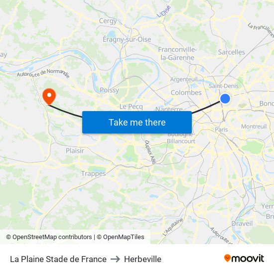 La Plaine Stade de France to Herbeville map