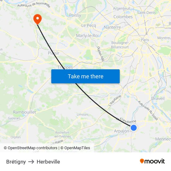 Brétigny to Herbeville map