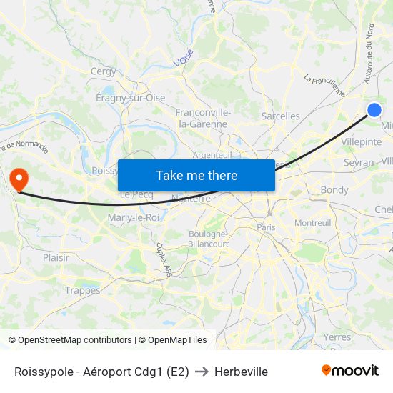 Roissypole - Aéroport Cdg1 (E2) to Herbeville map