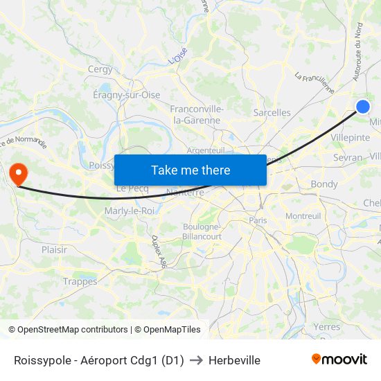 Roissypole - Aéroport Cdg1 (D1) to Herbeville map