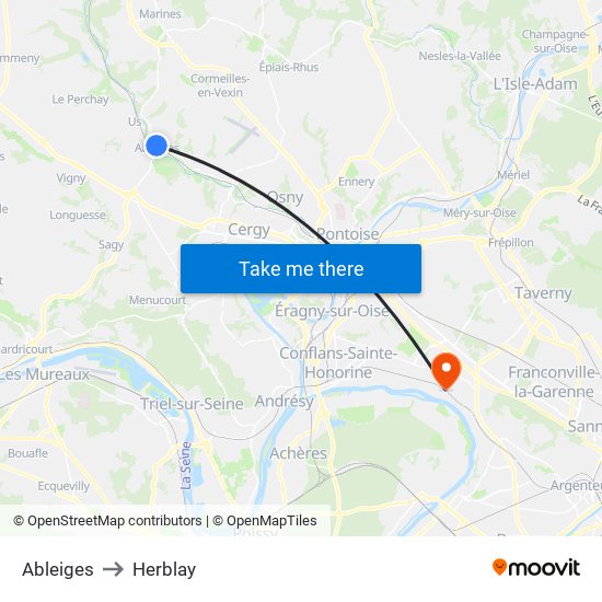 Ableiges to Herblay map