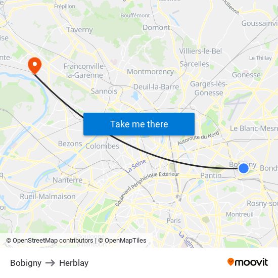 Bobigny to Herblay map