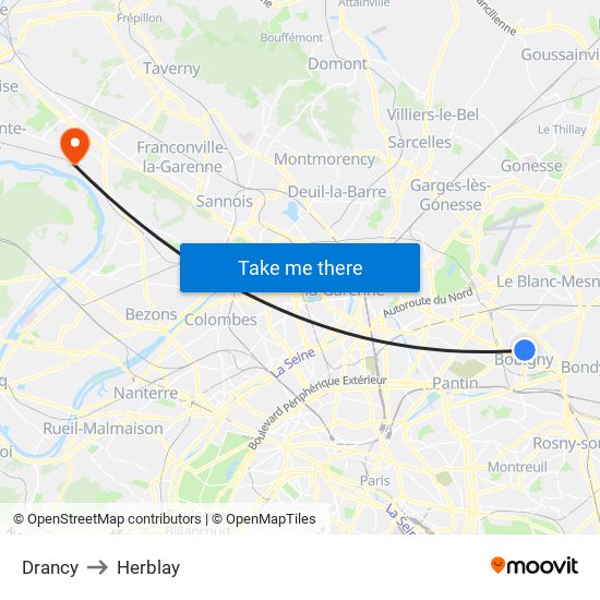 Drancy to Herblay map