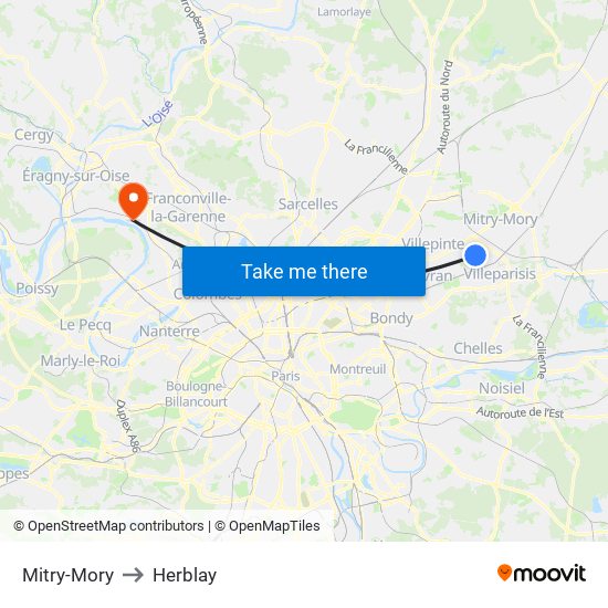 Mitry-Mory to Herblay map