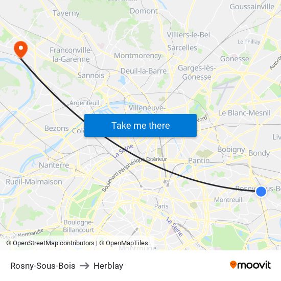 Rosny-Sous-Bois to Herblay map