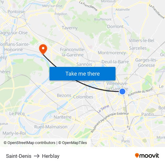 Saint-Denis to Herblay map