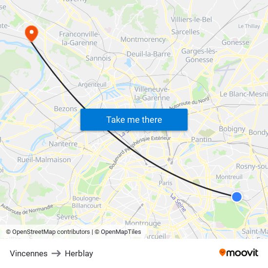 Vincennes to Herblay map