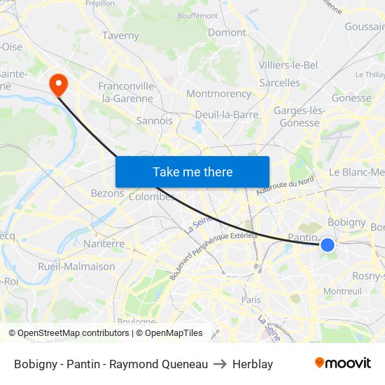 Bobigny - Pantin - Raymond Queneau to Herblay map