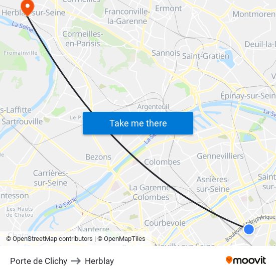 Porte de Clichy to Herblay map