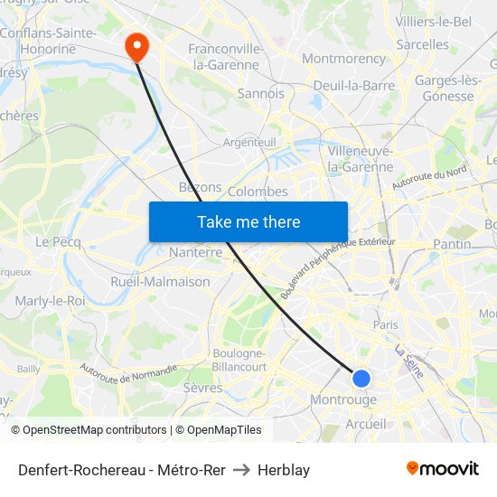 Denfert-Rochereau - Métro-Rer to Herblay map