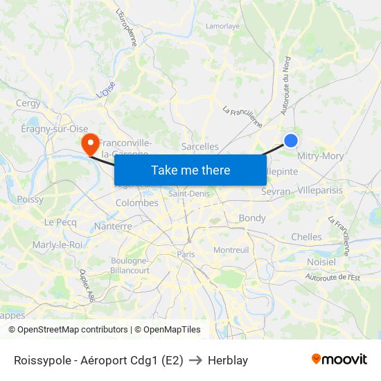 Roissypole - Aéroport Cdg1 (E2) to Herblay map