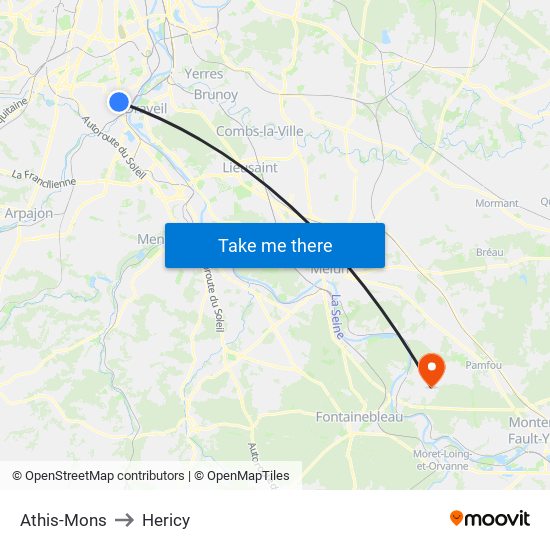 Athis-Mons to Hericy map