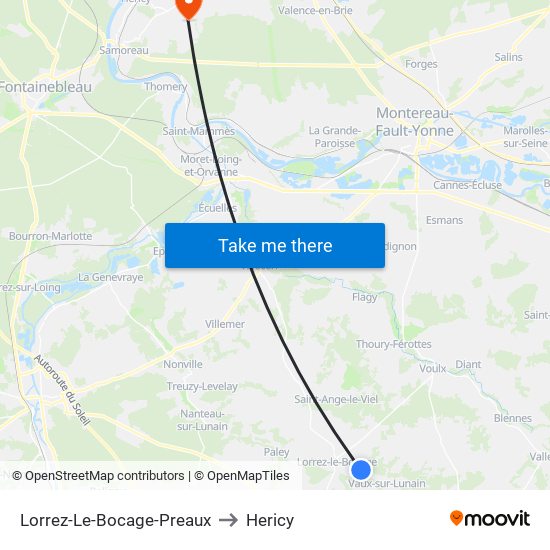 Lorrez-Le-Bocage-Preaux to Hericy map