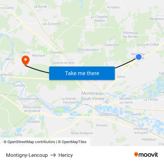 Montigny-Lencoup to Hericy map