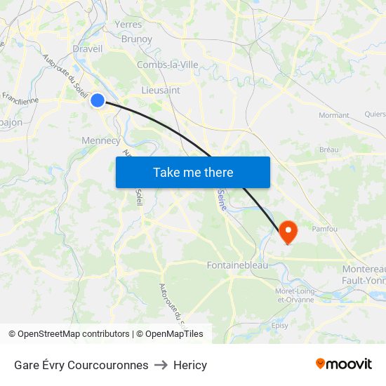 Gare Évry Courcouronnes to Hericy map