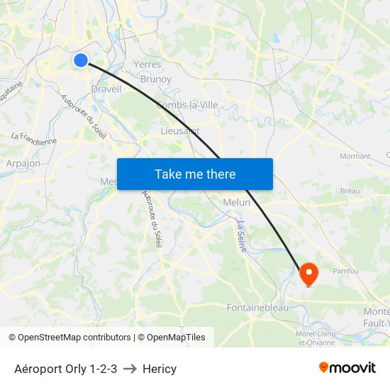 Aéroport Orly 1-2-3 to Hericy map