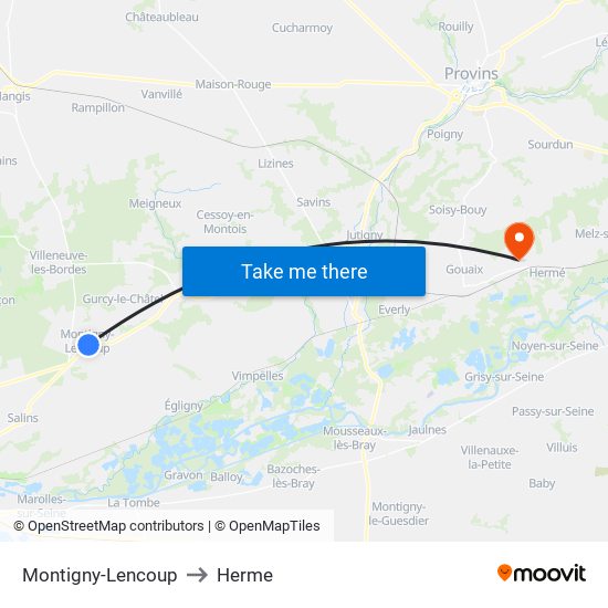 Montigny-Lencoup to Herme map
