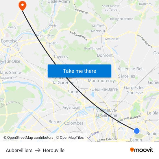 Aubervilliers to Herouville map