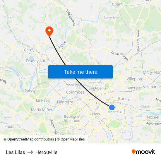 Les Lilas to Herouville map