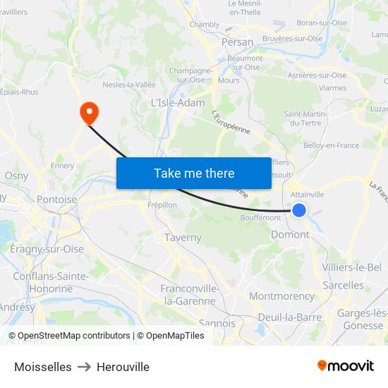 Moisselles to Herouville map