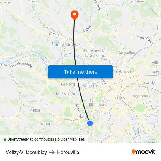 Velizy-Villacoublay to Herouville map