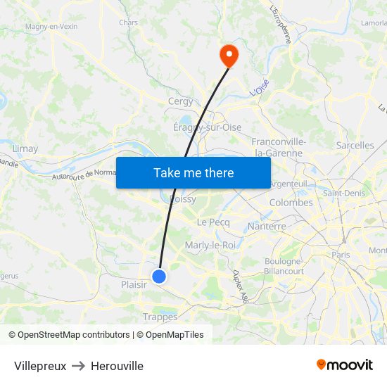 Villepreux to Herouville map