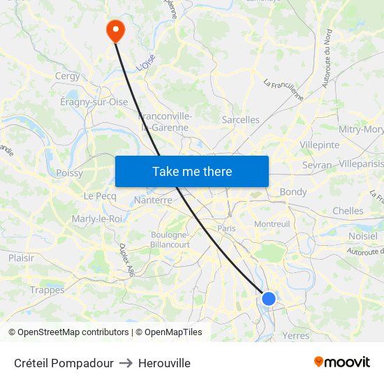 Créteil Pompadour to Herouville map