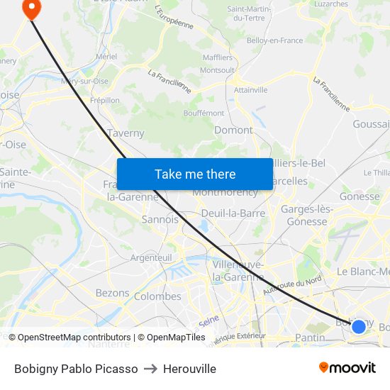 Bobigny Pablo Picasso to Herouville map