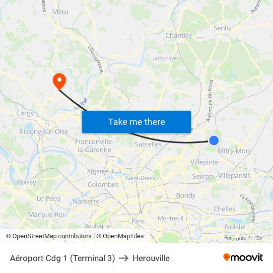 Aéroport Cdg 1 (Terminal 3) to Herouville map