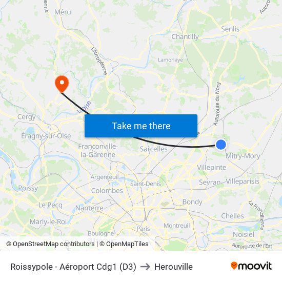 Roissypole - Aéroport Cdg1 (D3) to Herouville map